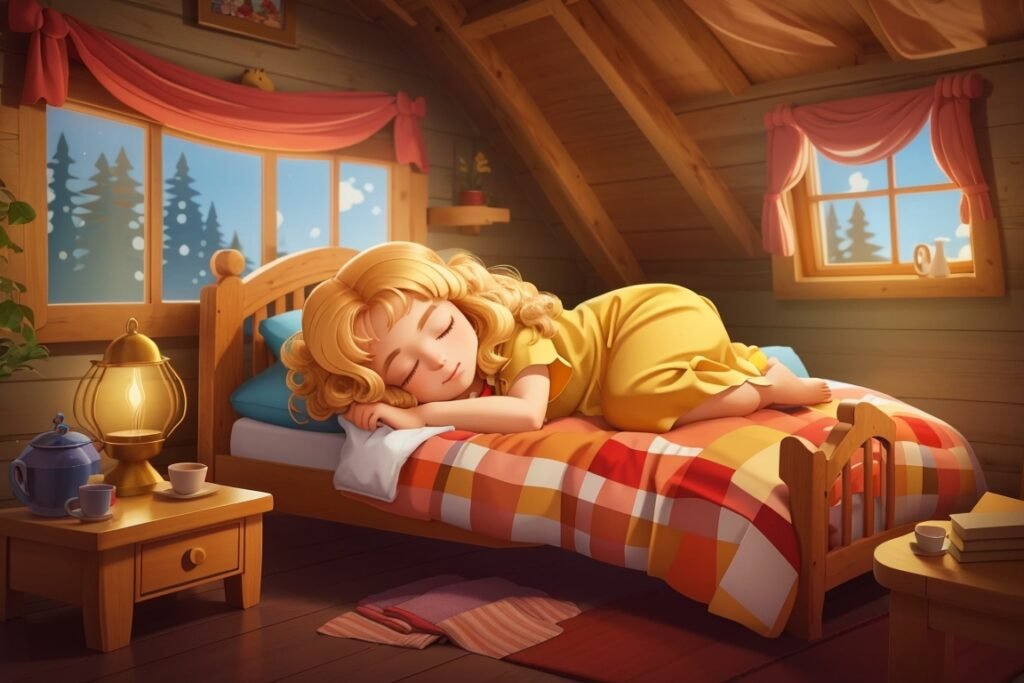 Ricitos de Oro durmiendo en la cama del oso pequeño